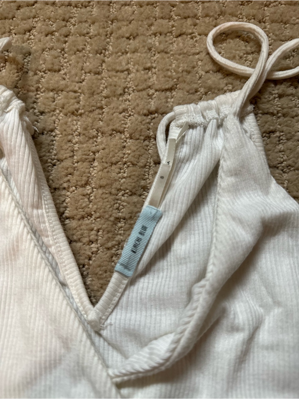 White Ribbed Drawstring V Neck Top - Picture 3 of 7
